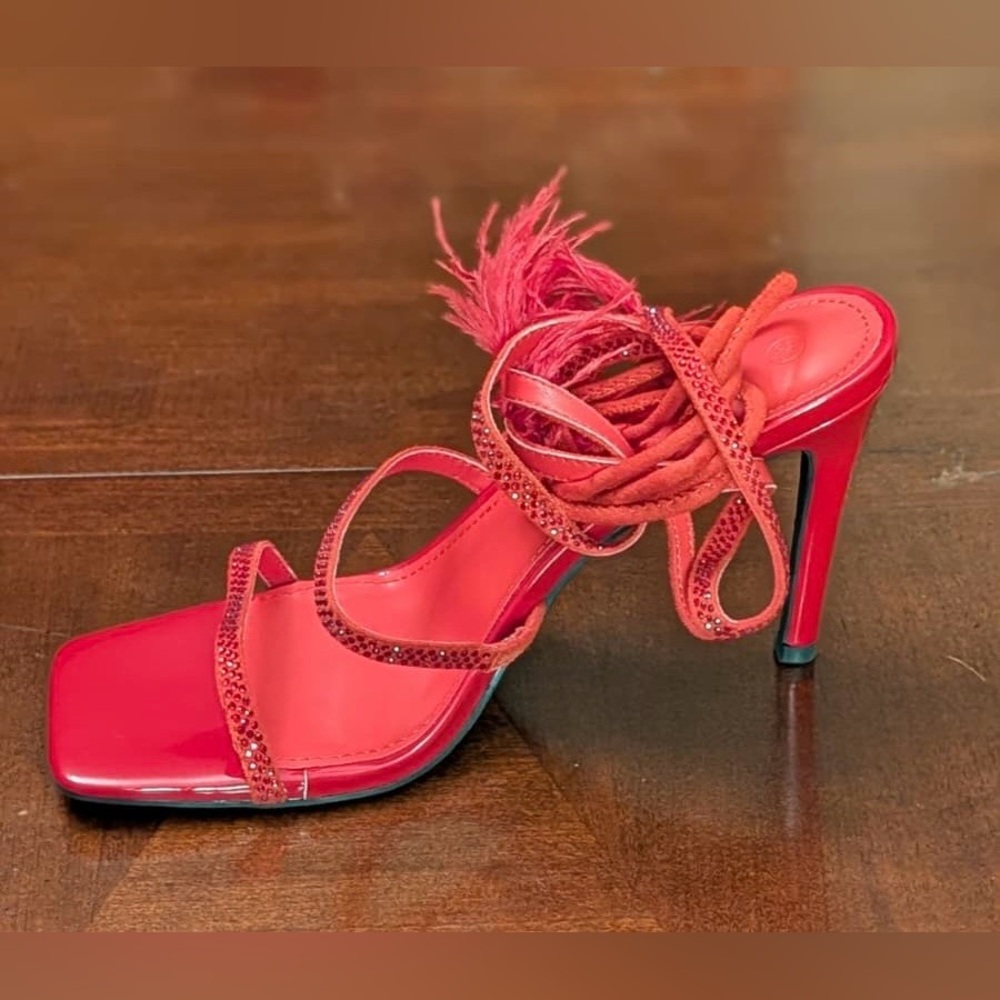 Chic Red Strappy Heels with Feather Detail